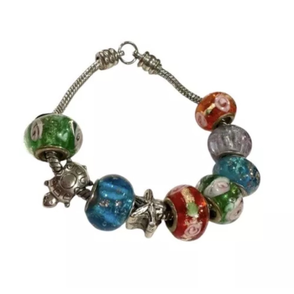 Charm Bracelet Murano Glass Beads Silver Beach Charms Colorful Hand Painted
